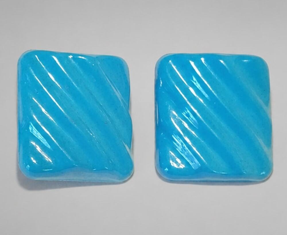 Vintage Blue Enamel Clip On Earrings, Large Ribbed Square 1" Aqua‎ Retro bcl-3